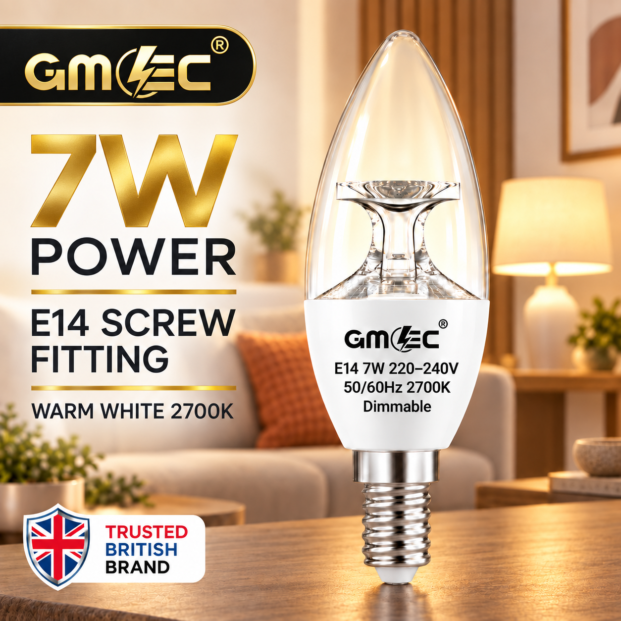 7W E14 C37 LED Reflector Candle Bulb – Clear Glass Dimmable Warm White 2700K, 460 Lumens
