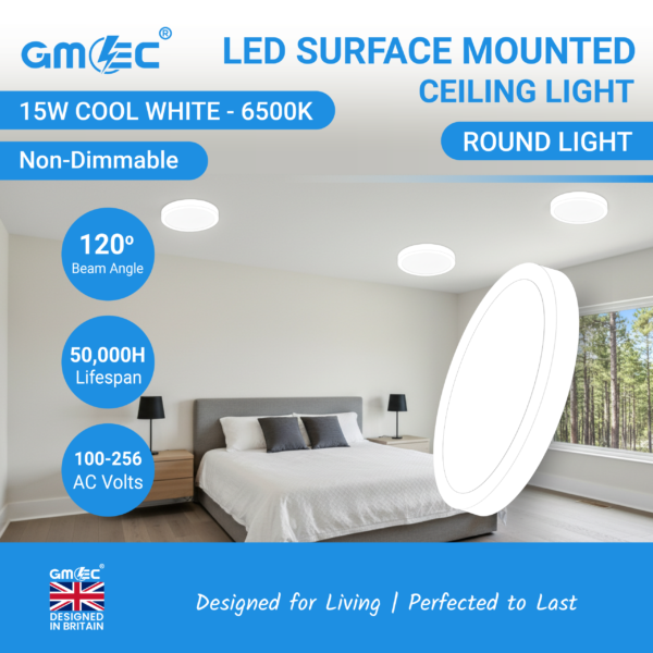 15W LED surface mounted ceiling light 6500K cool white round panel UK