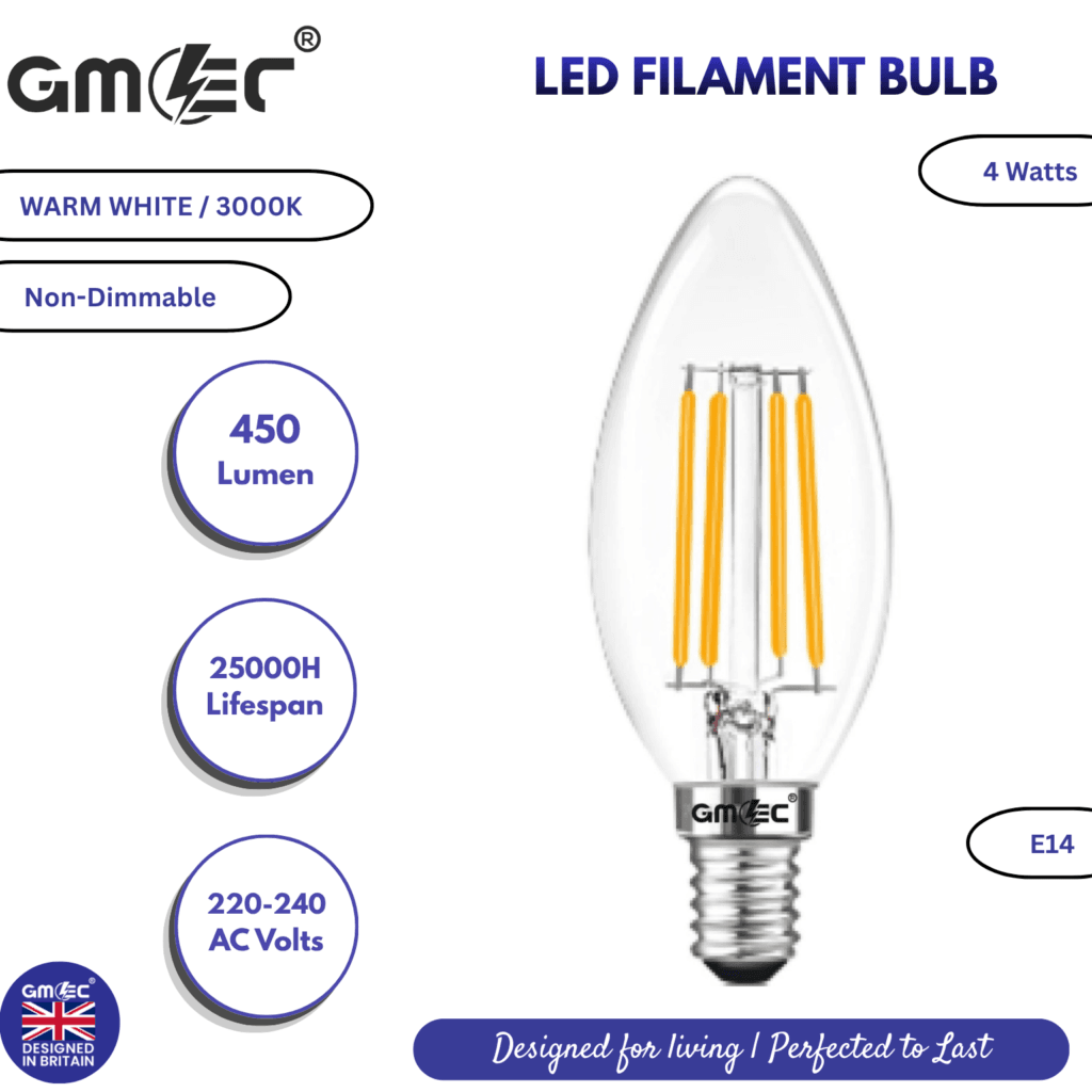 4W LED Filament Bulb Warm White 3000K โ 550 Lumens, Non-Dimmable