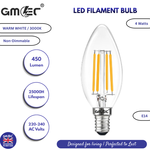 4W LED Filament Bulb Warm White 3000K – 550 Lumens, Non-Dimmable