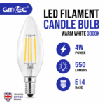 4W E14 LED Filament Candle Bulb Warm White 3000K – 550 Lumens