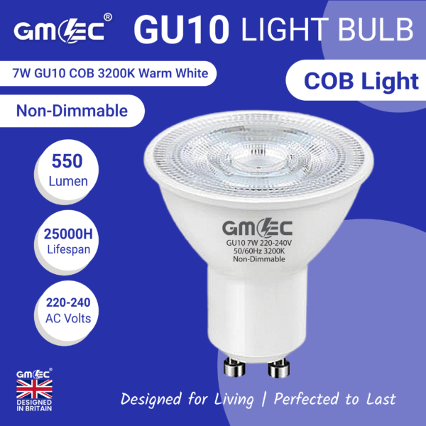 GU10 7W COB Warm White LED Bulb – Energy-Efficient, 3200K