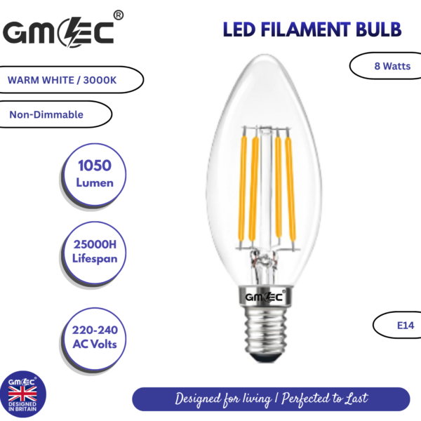 8W LED Filament Bulb Warm White 3000K – 1050 Lumens, Non-Dimmable