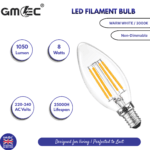 E14 8W LED Filament Candle Bulb Warm White 3000K 1050 Lumens Non Dimmable