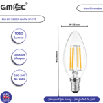 E14 8W LED Filament Candle Bulb Warm White 3000K 1050 Lumens Non Dimmable