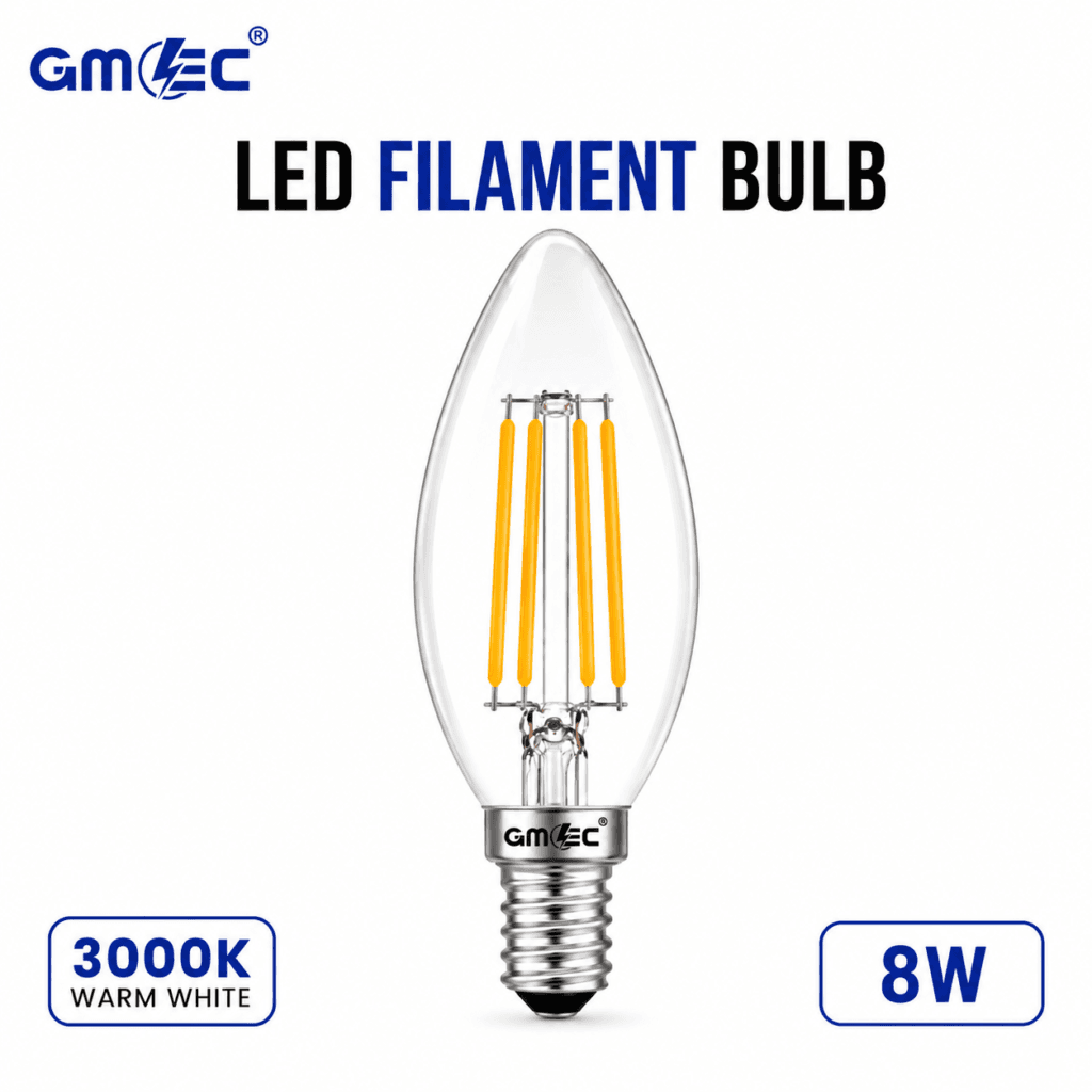E14 8W LED Filament Candle Bulb Warm White 3000K 1050 Lumens Non Dimmable