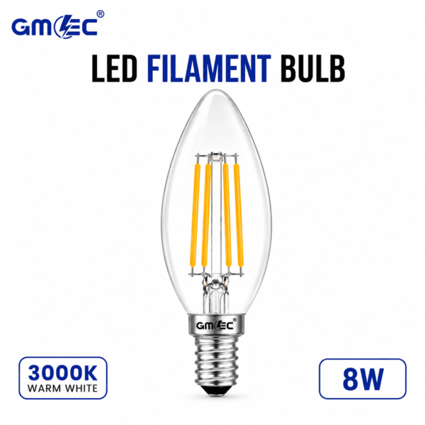 E14 8W LED Filament Candle Bulb Warm White 3000K 1050 Lumens Non Dimmable