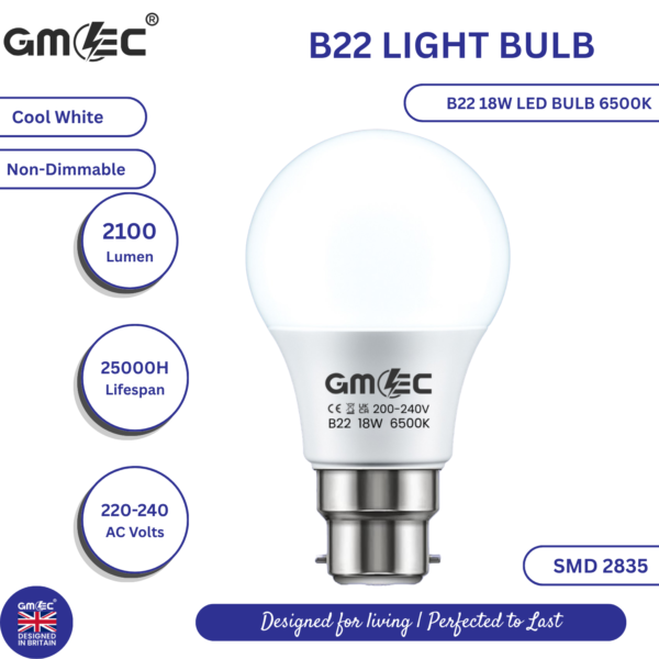 B22 18W LED Bulb – Energy-Efficient, Cool White