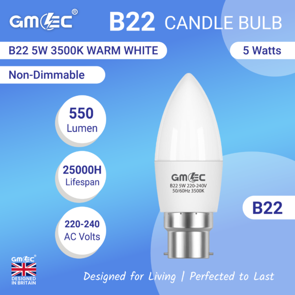 B22 5W LED Candle Bulb Warm White 3500K