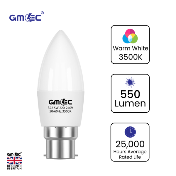 B22 5W LED Candle Bulb Warm White 3500K
