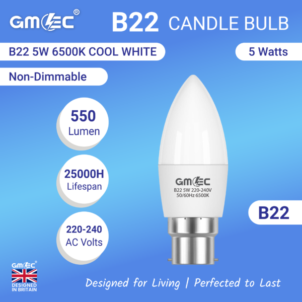 B22 5W LED Candle Bulb Cool White 6500K
