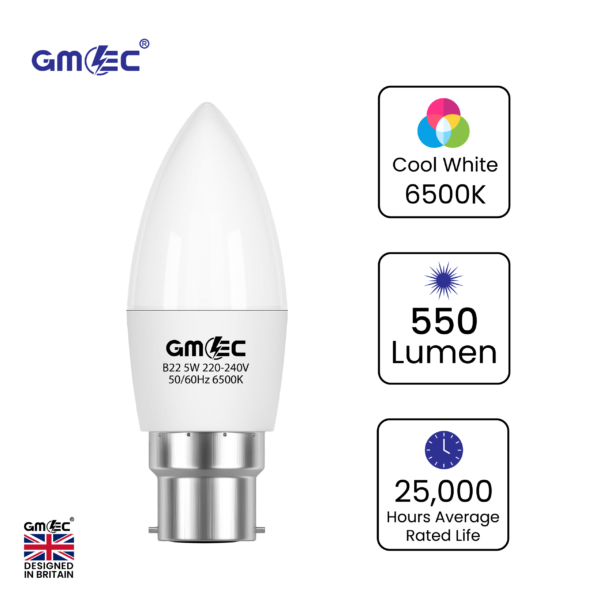 B22 5W LED Candle Bulb Cool White 6500K