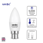 B22 5W LED Candle Bulb Cool White 6500K