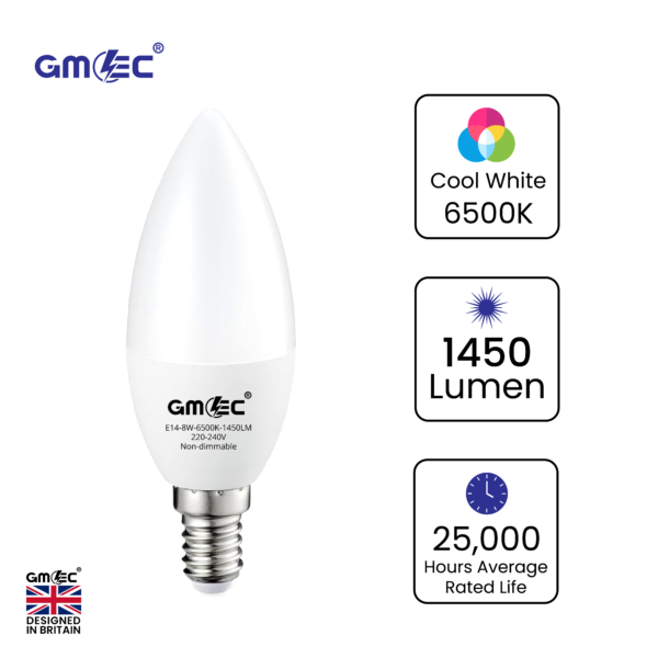 E14 8W LED Candle Bulb Cool White 6500K