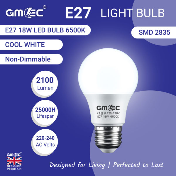 E27 18W LED Bulb Cool White 6500K – 2100 Lumens