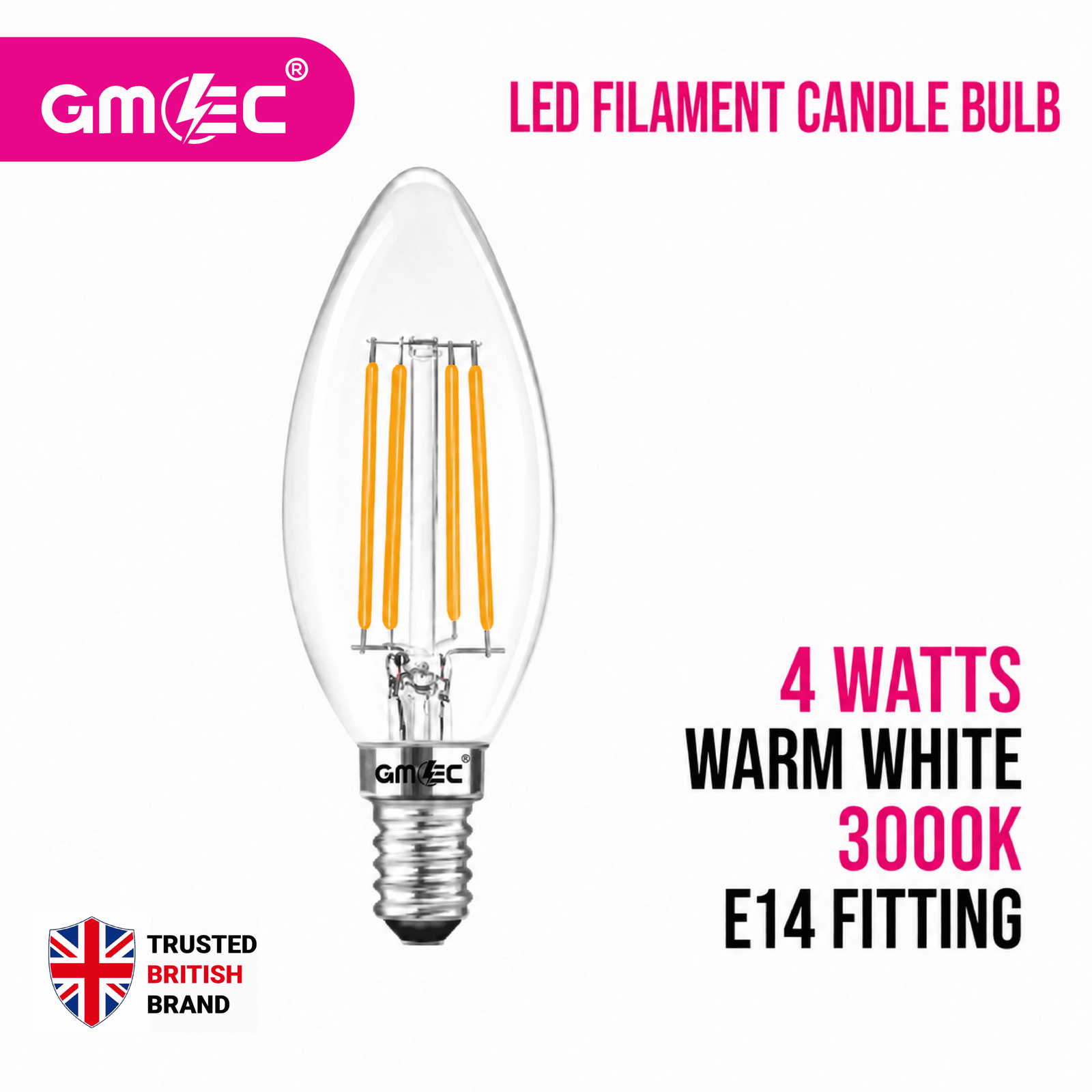 4W E14 LED Filament Candle Bulb Warm White 3000K