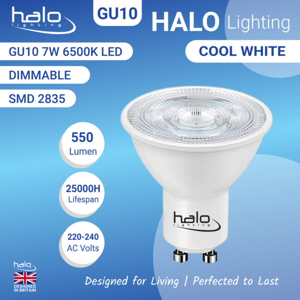 Halo 7W GU10 LED Bulb Cool White – 500-550 Lumens, Dimmable, 25,000 Hours