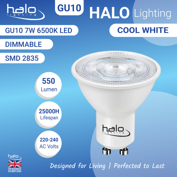 Halo 7W GU10 LED Bulb Cool White – 500-550 Lumens, Dimmable, 25,000 Hours