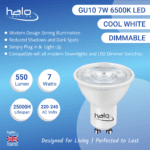 Halo 7W GU10 LED Bulb Cool White – 500-550 Lumens, Dimmable, 25,000 Hours