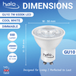 Halo 7W GU10 LED Bulb Cool White – 500-550 Lumens, Dimmable, 25,000 Hours