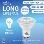 Halo 7W GU10 LED Bulb Cool White – 500-550 Lumens, Dimmable, 25,000 Hours