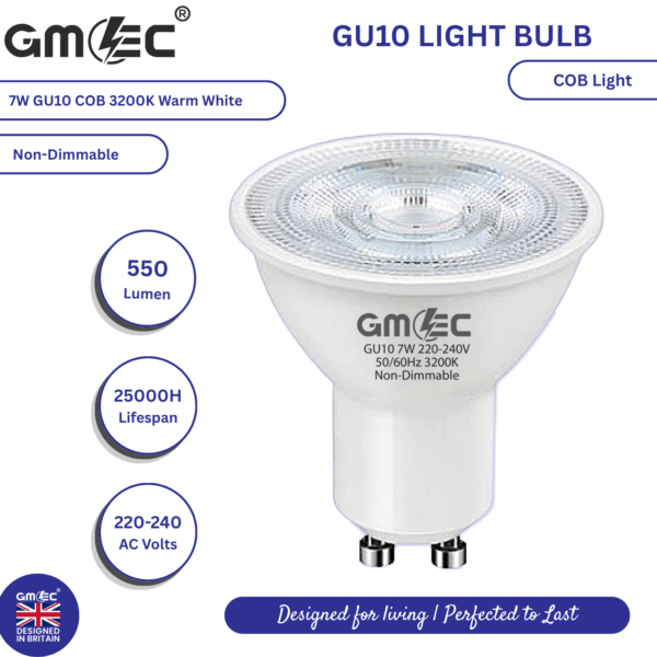 GU10 7W COB Warm White LED Bulb – Energy-Efficient, 3200K