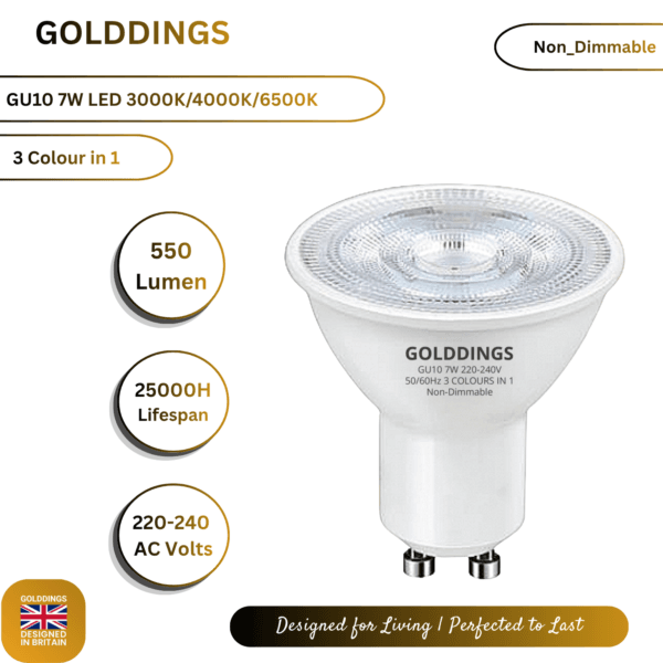 GU10 7W LED Bulb 3 Colour Changing Warm Cool Daylight