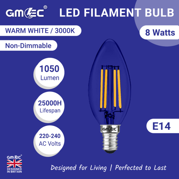 GMEC 8W LED Filament Bulb Warm White 3000K – 1050 Lumens, Non-Dimmable