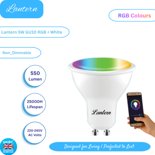 LANTERN 5W GU10 RGB Smart LED Bulb – WiFi & Tunable White, Non-Dimmable
