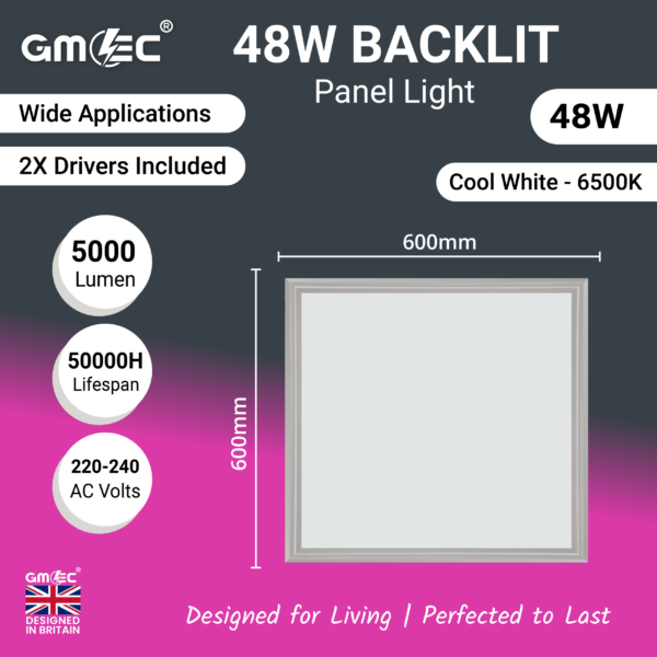 GMEC 48W backlit LED panel light 600x600 6500K cool white ceiling panel