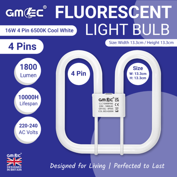 GMEC 16W 4 pin fluorescent light bulb 6500K cool white 1800 lumen square tube energy saving lamp